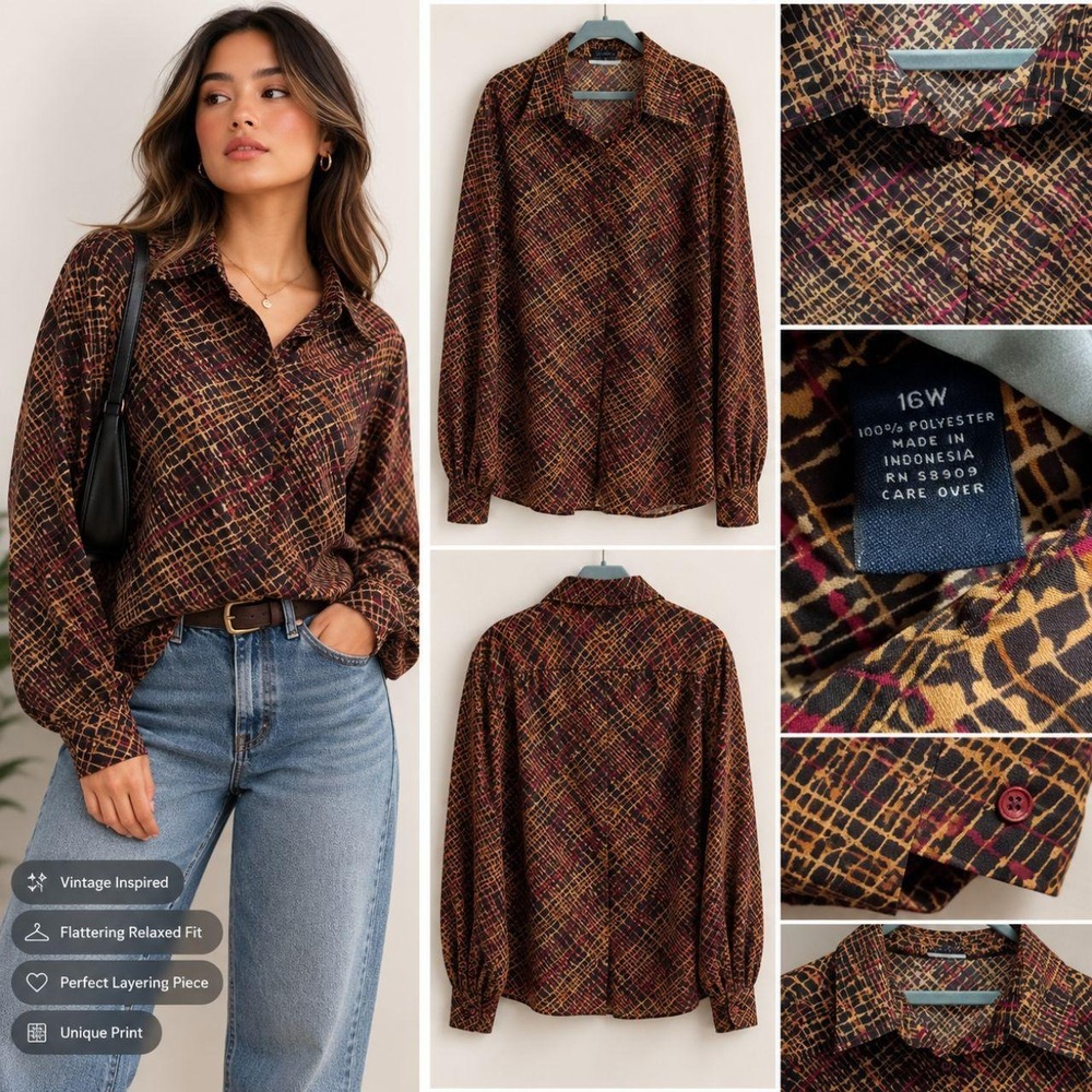 Preston & York II Abstract Geometric Long Sleeve Blouse - Size 16W